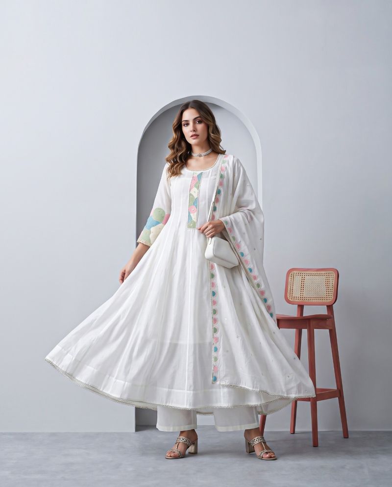 Naisha K 1459 Mul Chanderi Handwork Anarkali Kurti with Bottom and Dupatta Wholesale Collection — Wholesale Kurtis, Vardan Ethnic wholesale from Surat — Photo 4