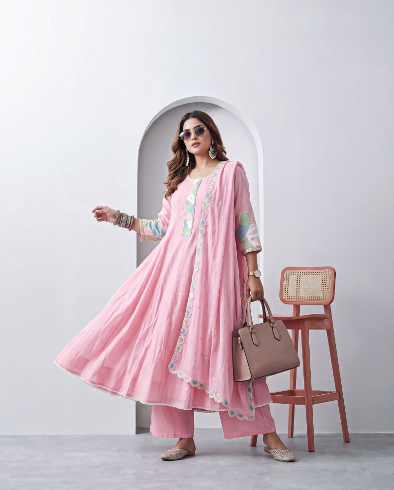 Naisha K 1459 Mul Chanderi Handwork Anarkali Kurti with Bottom and Dupatta Wholesale Collection — Wholesale Kurtis, Vardan Ethnic wholesale from Surat — Photo 3
