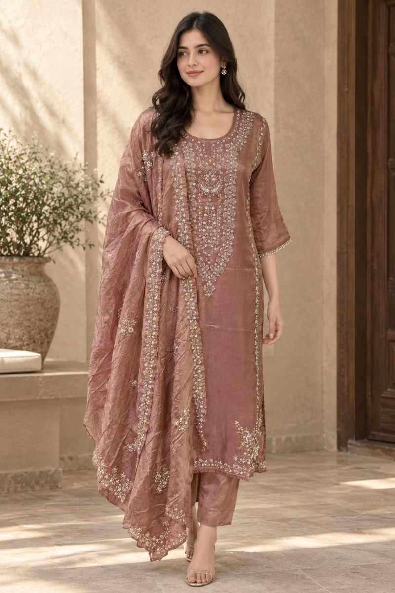 Naisha K 1462 Pure Tissue Heavy Beads Work Kurti with Bottom and Dupatta — Wholesale Kurtis, Vardan Ethnic wholesale from Surat — Photo 2