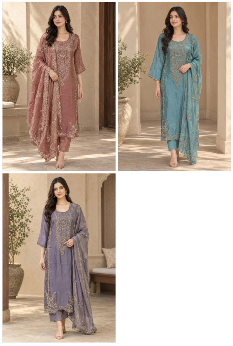 Naisha K 1462 Pure Tissue Heavy Beads Work Kurti with Bottom and Dupatta — Wholesale Kurtis, Vardan Ethnic wholesale from Surat — Photo 4