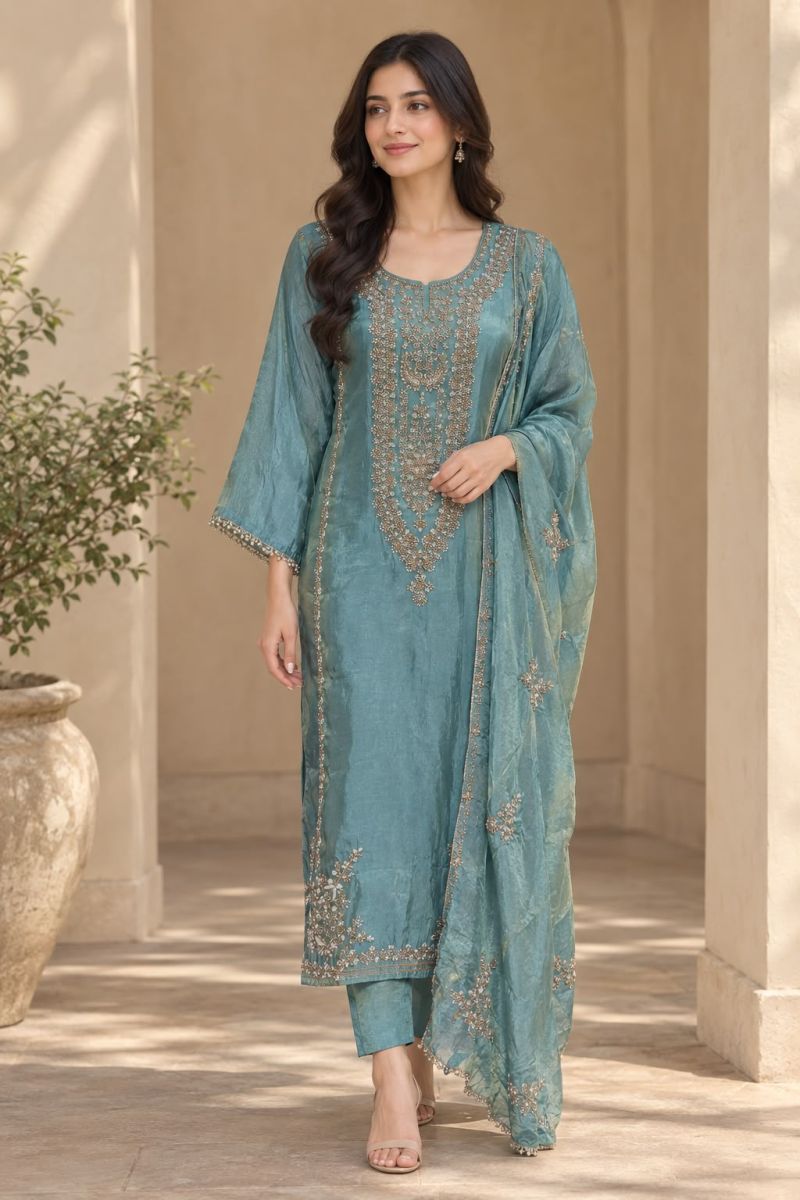 Naisha K 1462 Pure Tissue Heavy Beads Work Kurti with Bottom and Dupatta