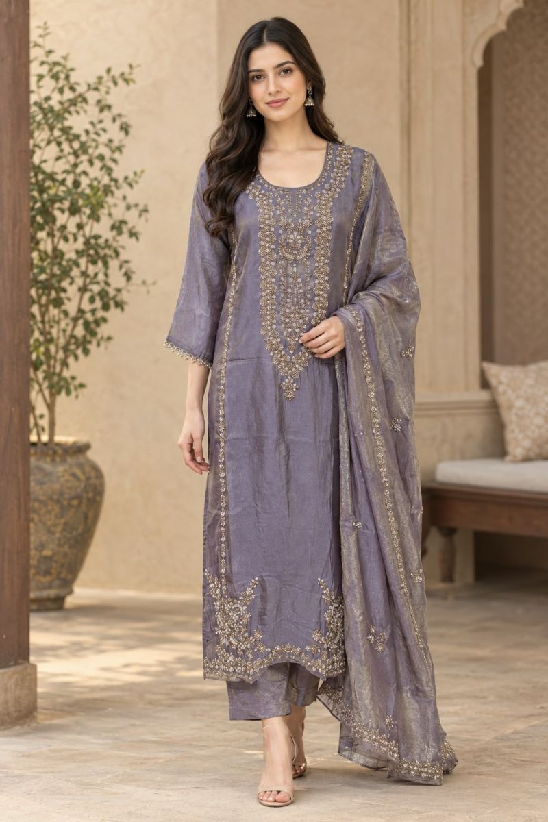 Naisha K 1462 Pure Tissue Heavy Beads Work Kurti with Bottom and Dupatta — Wholesale Kurtis, Vardan Ethnic wholesale from Surat — Photo 3