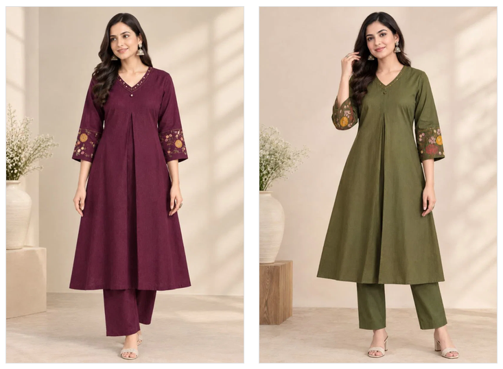 Naisha K 1476 Flex Cotton Embroidered A-Line Kurti with Bottom Collection — Wholesale Kurtis, Vardan Ethnic wholesale from Surat — Photo 3