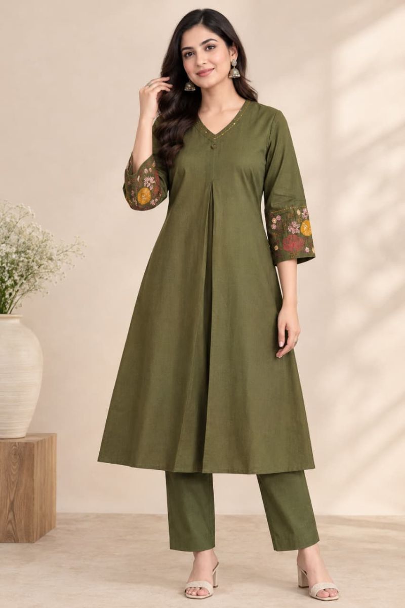 Naisha K 1476 Flex Cotton Embroidered A-Line Kurti with Bottom Collection