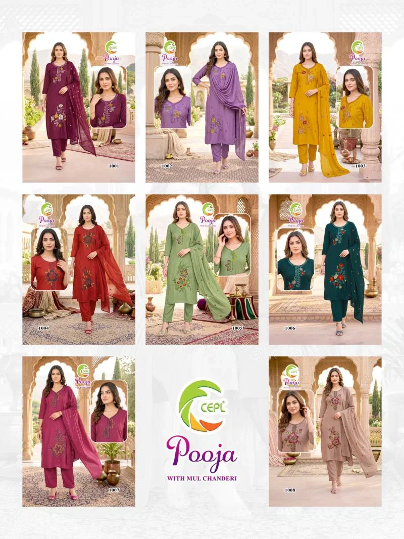 Pooja D No 1001 To 08 Mul Chanderi Embroidered Kurti Set Wholesale — Wholesale Kurtis, Vardan Ethnic wholesale from Surat — Photo 8