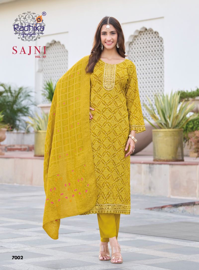 Radhika Sajni Vol 7 Rayon Foil Printed Kurti With Bottom Dupatta Set — Wholesale Kurtis, Vardan Ethnic wholesale from Surat — view 2