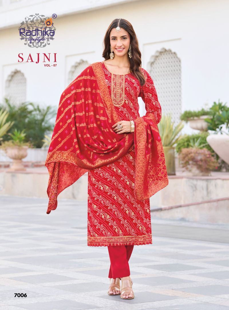 Radhika Sajni Vol 7 Rayon Foil Printed Kurti With Bottom Dupatta Set — Wholesale Kurtis, Vardan Ethnic wholesale from Surat — view 3
