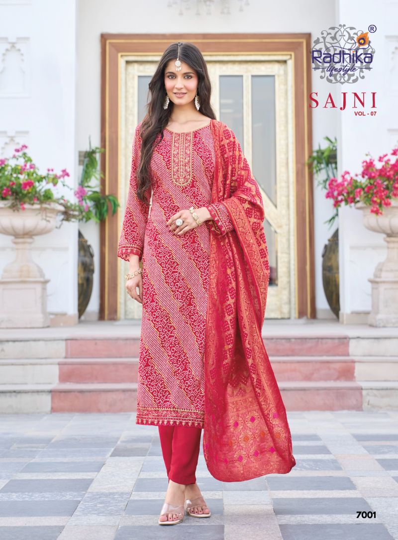 Radhika Sajni Vol 7 Rayon Foil Printed Kurti With Bottom Dupatta Set — Wholesale Kurtis, Vardan Ethnic wholesale from Surat — view 4