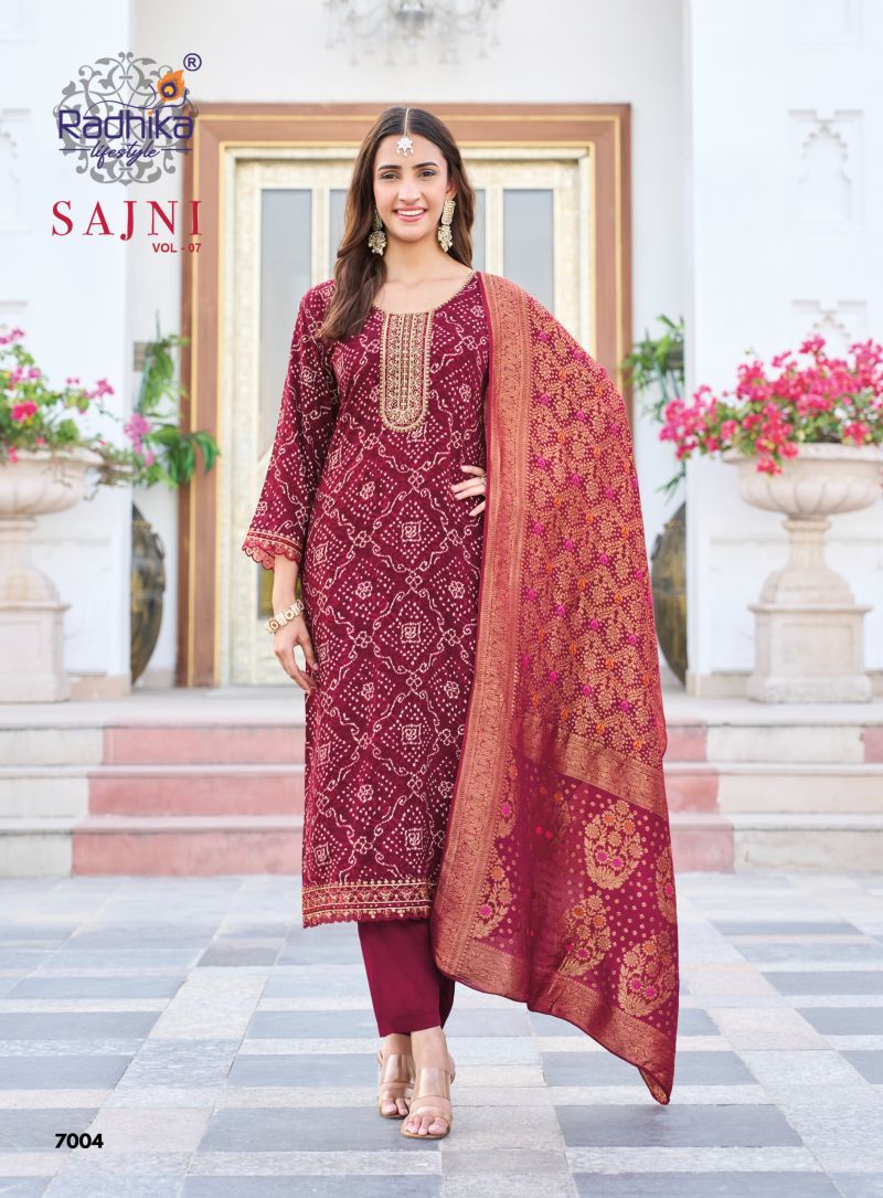 Radhika Sajni Vol 7 Rayon Foil Printed Kurti With Bottom Dupatta Set — Wholesale Kurtis, Vardan Ethnic wholesale from Surat — view 5