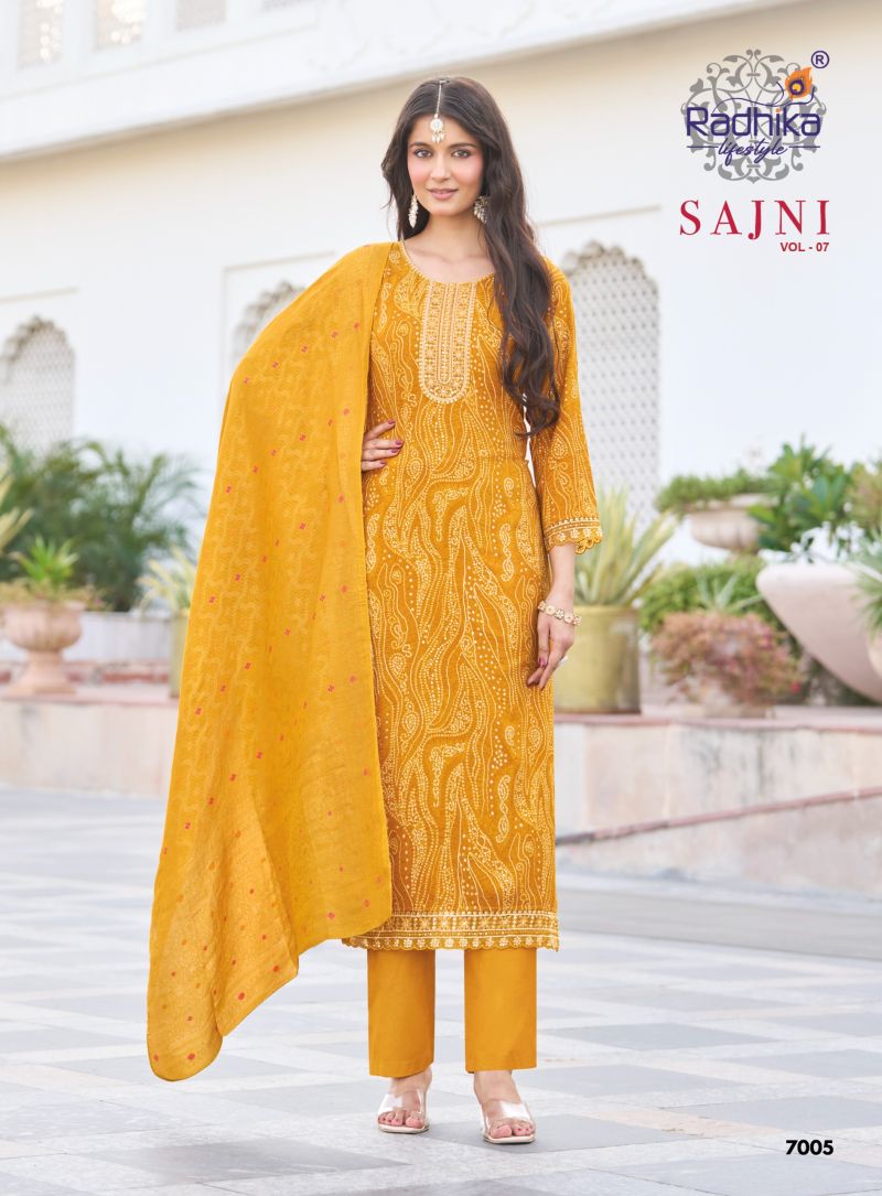 Radhika Sajni Vol 7 Rayon Foil Printed Kurti With Bottom Dupatta Set — Wholesale Kurtis, Vardan Ethnic wholesale from Surat — view 6