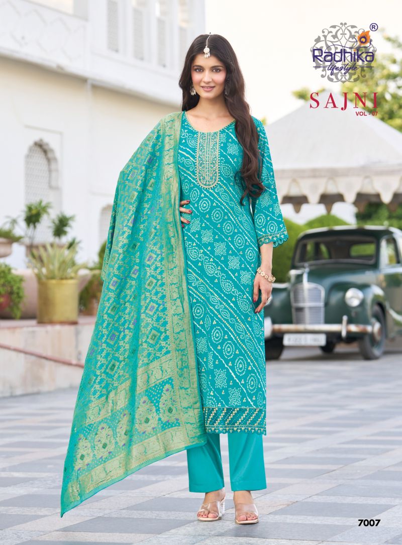 Radhika Sajni Vol 7 Rayon Foil Printed Kurti With Bottom Dupatta Set — Wholesale Kurtis, Vardan Ethnic wholesale from Surat — view 7