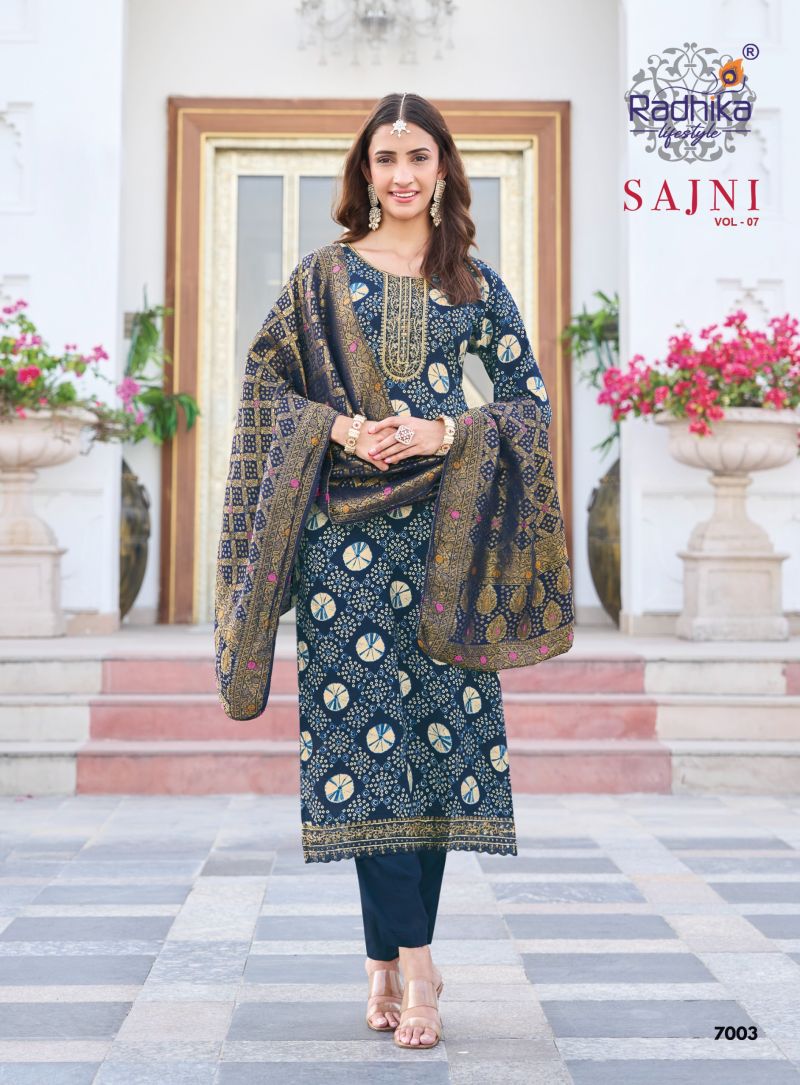 Radhika Sajni Vol 7 Rayon Foil Printed Kurti With Bottom Dupatta Set — Wholesale Kurtis, Vardan Ethnic wholesale from Surat — view 8