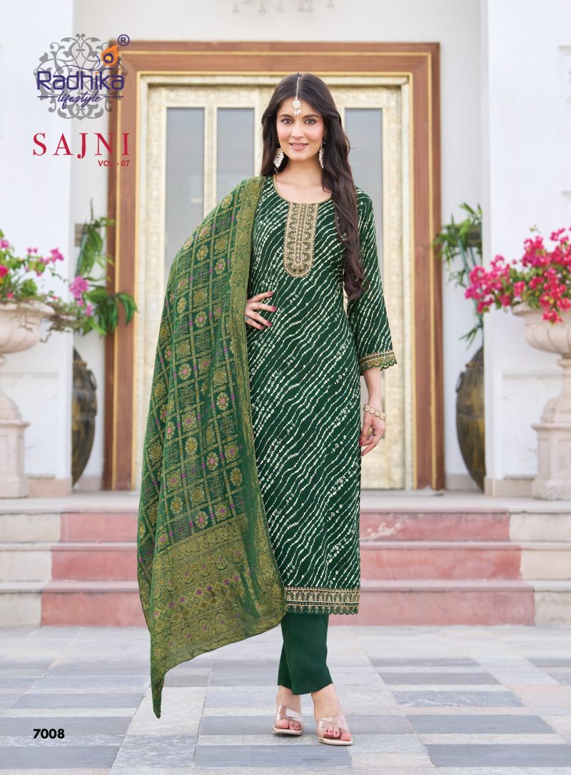 Radhika Sajni Vol 7 Rayon Foil Printed Kurti With Bottom Dupatta Set — Wholesale Kurtis, Vardan Ethnic wholesale from Surat — view 9