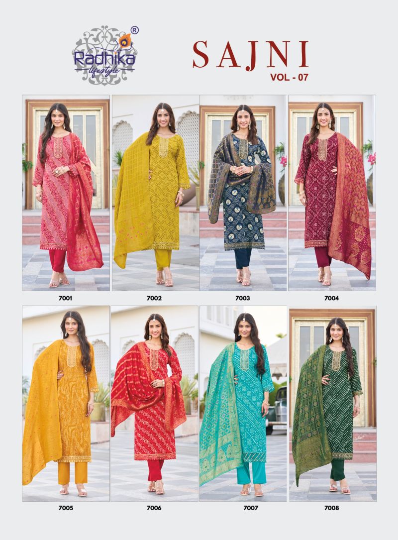 Radhika Sajni Vol 7 Rayon Foil Printed Kurti With Bottom Dupatta Set — Wholesale Kurtis, Vardan Ethnic wholesale from Surat — view 12