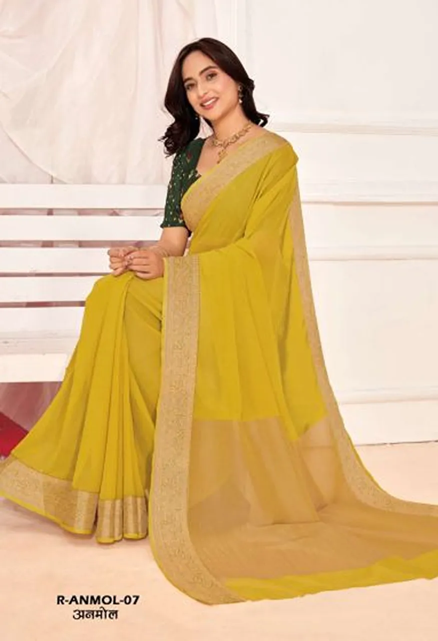 Rajguru Anmol Georgette Chiffon Saree with Zari Border Work 10 Piece Wholesale Catalog — Wholesale Sarees, Rajguru wholesale from Surat — Photo 3