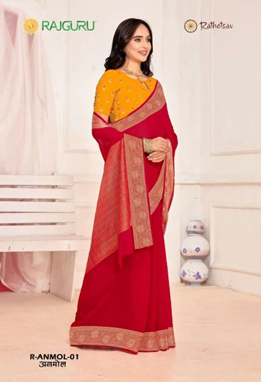 Rajguru Anmol Georgette Chiffon Saree with Zari Border Work 10 Piece Wholesale Catalog — Wholesale Sarees, Rajguru wholesale from Surat — Photo 2