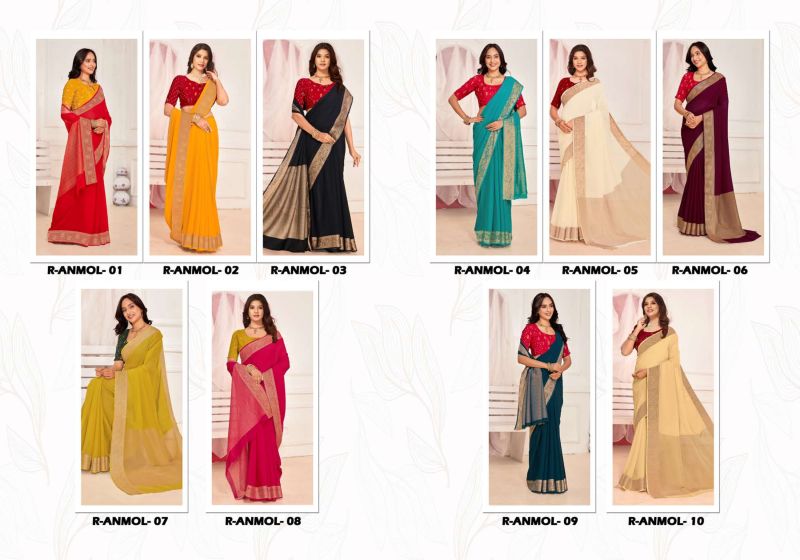 Rajguru Anmol Georgette Chiffon Saree with Zari Border Work 10 Piece Wholesale Catalog — Wholesale Sarees, Rajguru wholesale from Surat — Photo 11