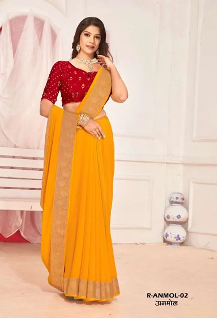 Rajguru Anmol Georgette Chiffon Saree with Zari Border Work 10 Piece Wholesale Catalog — Wholesale Sarees, Rajguru wholesale from Surat — Photo 6