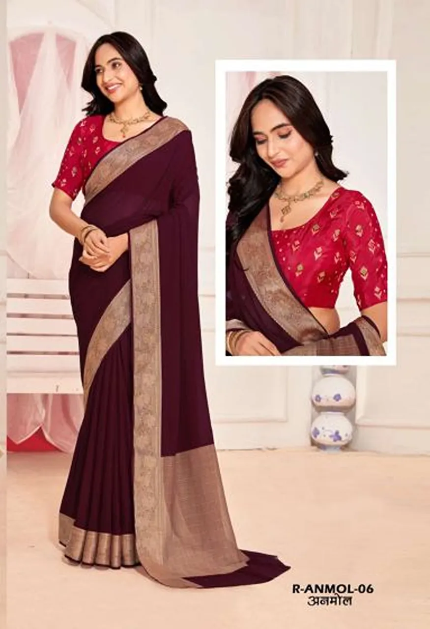 Rajguru Anmol Georgette Chiffon Saree with Zari Border Work 10 Piece Wholesale Catalog — Wholesale Sarees, Rajguru wholesale from Surat — Photo 5