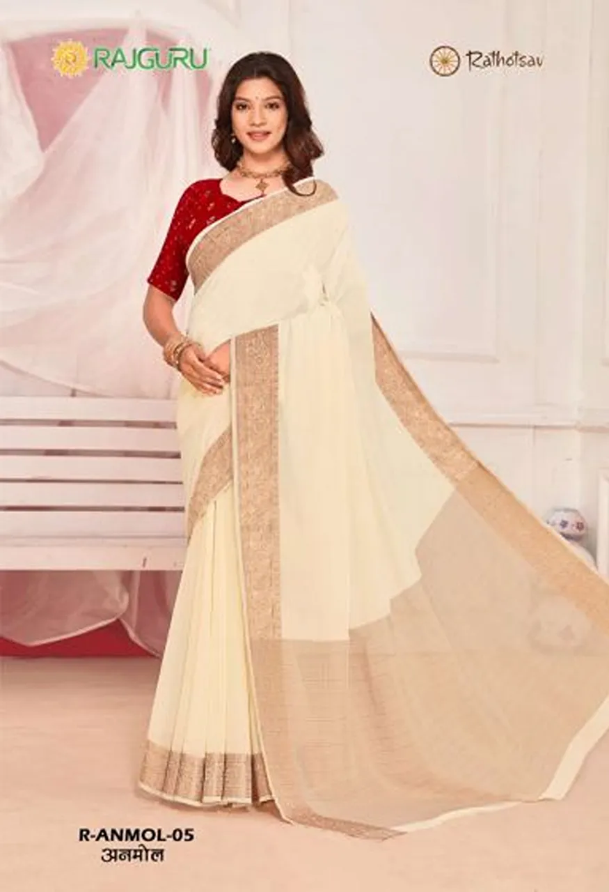Rajguru Anmol Georgette Chiffon Saree with Zari Border Work 10 Piece Wholesale Catalog — Wholesale Sarees, Rajguru wholesale from Surat — Photo 10