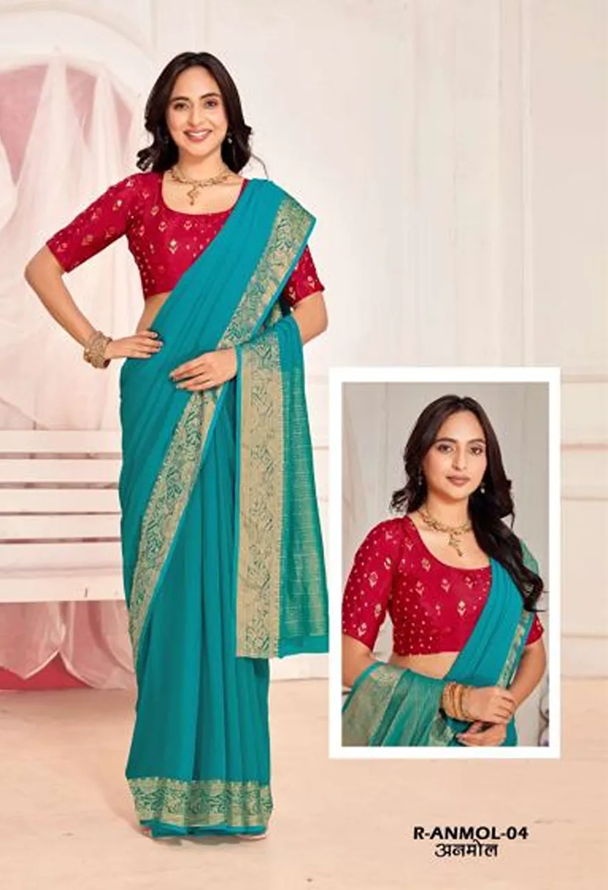 Rajguru Anmol Georgette Chiffon Saree with Zari Border Work 10 Piece Wholesale Catalog — Wholesale Sarees, Rajguru wholesale from Surat — Photo 4
