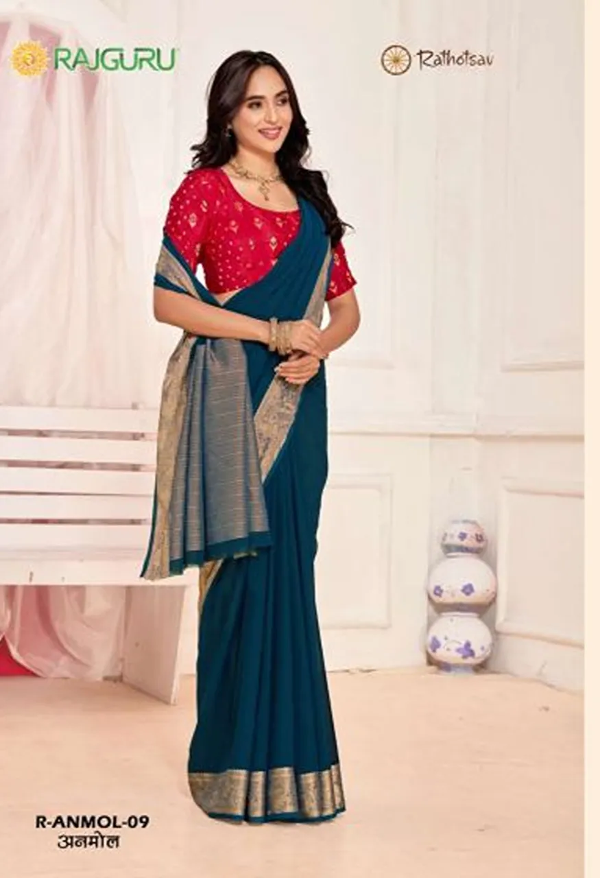 Rajguru Anmol Georgette Chiffon Saree with Zari Border Work 10 Piece Wholesale Catalog