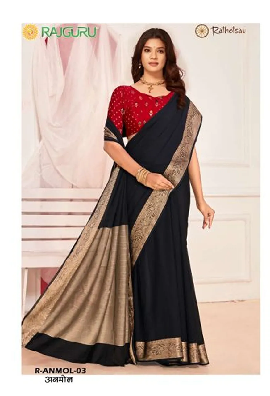 Rajguru Anmol Georgette Chiffon Saree with Zari Border Work 10 Piece Wholesale Catalog — Wholesale Sarees, Rajguru wholesale from Surat — Photo 9