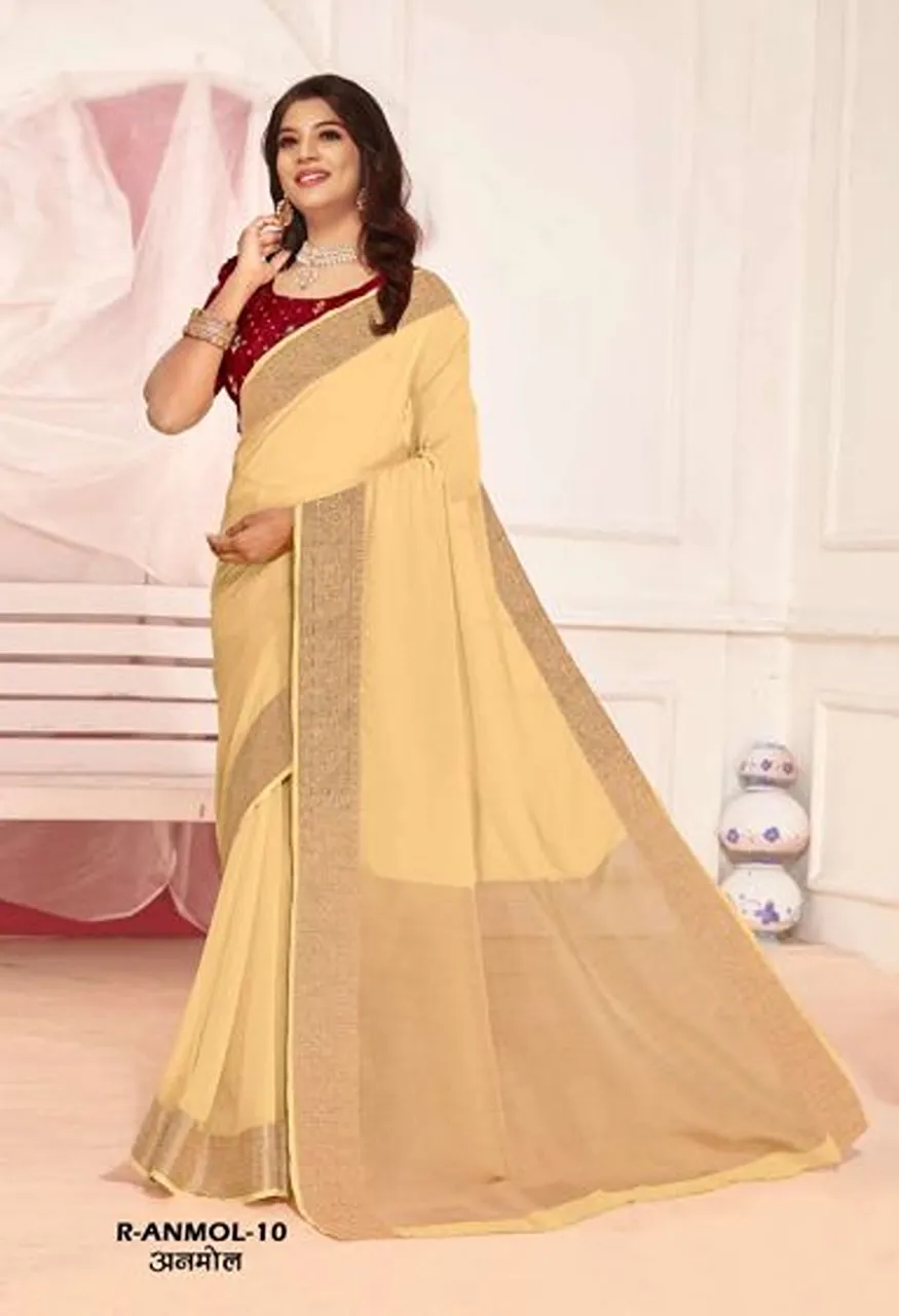 Rajguru Anmol Georgette Chiffon Saree with Zari Border Work 10 Piece Wholesale Catalog — Wholesale Sarees, Rajguru wholesale from Surat — Photo 8