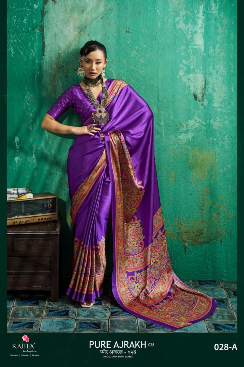 Rajtex Pure Ajrakh 036 Modal Satin Ajrakh Printed Saree with Blouse Collection — Festival Sarees, rajtex wholesale from Surat — view 3