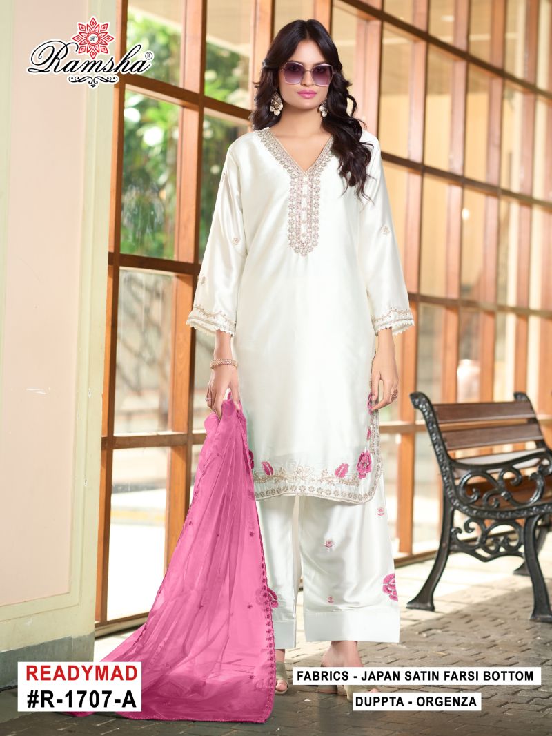 Ramsha R 1707 New Colors Satin Beats Work Designer Farshi Salwar Kameez — Wholesale Pakistani Suits, Vardan Ethnic wholesale from Surat — Photo 3