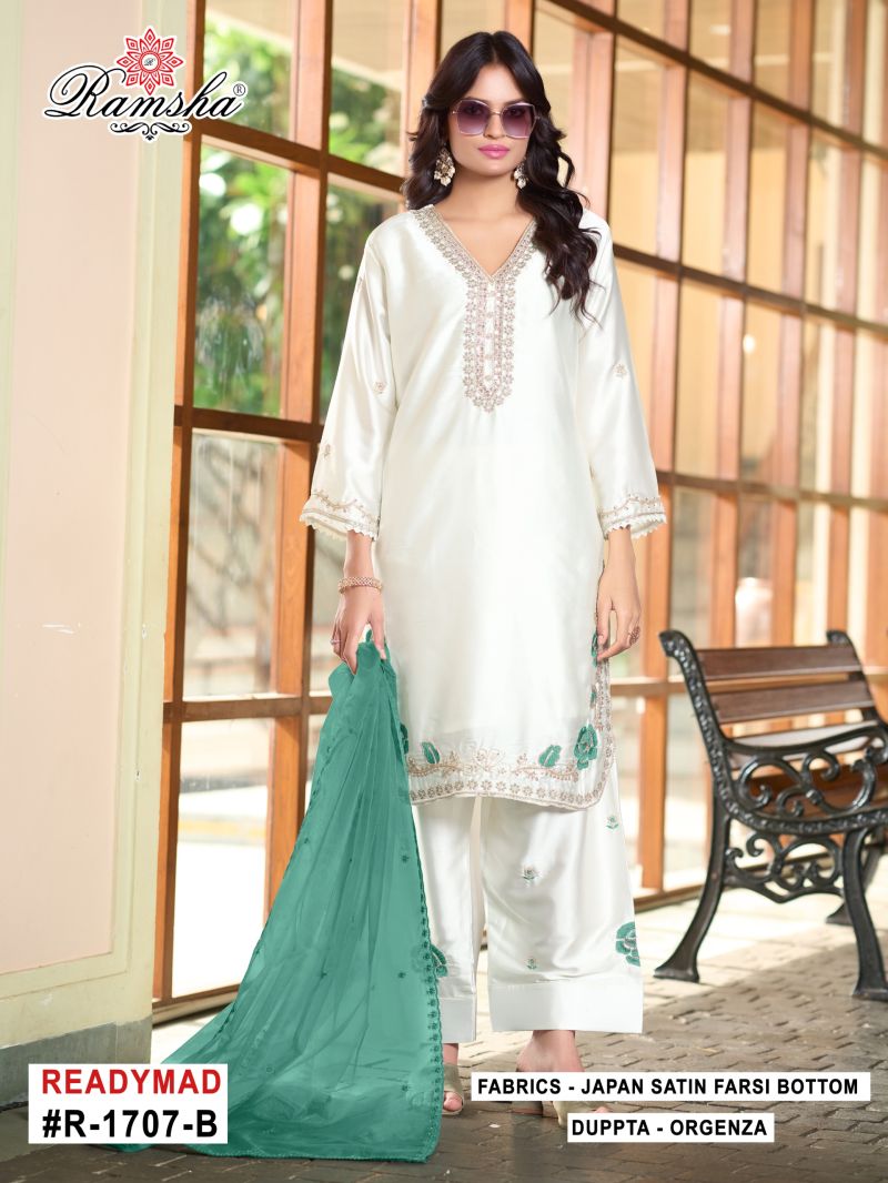 Ramsha R 1707 New Colors Satin Beats Work Designer Farshi Salwar Kameez — Wholesale Pakistani Suits, Vardan Ethnic wholesale from Surat — Photo 4