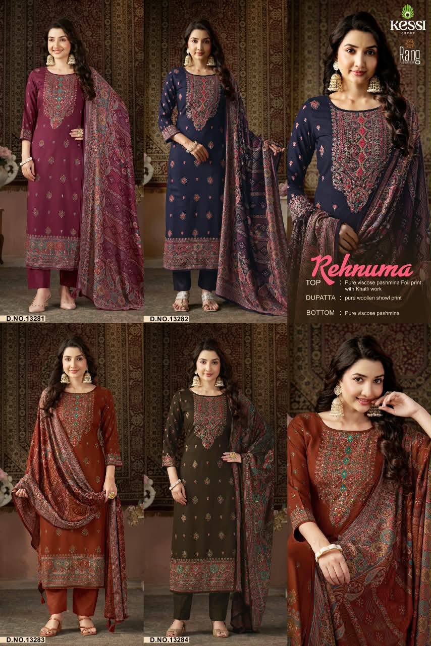 RANG REHNUMA Pure Viscose Pashmina Foil Print Khatli Work Suit Set — Wholesale Salwar Suits, RANG wholesale from Surat — view 5