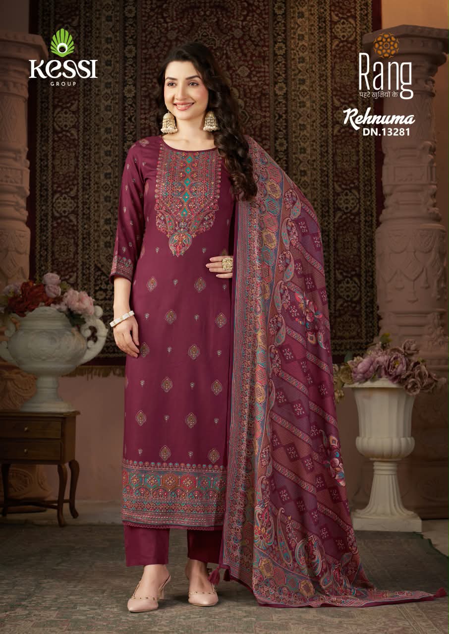 RANG REHNUMA Pure Viscose Pashmina Foil Print Khatli Work Suit Set
