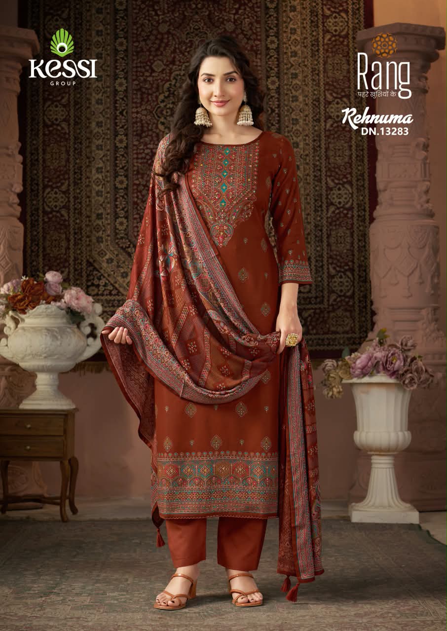 RANG REHNUMA Pure Viscose Pashmina Foil Print Khatli Work Suit Set — Wholesale Salwar Suits, RANG wholesale from Surat — view 4