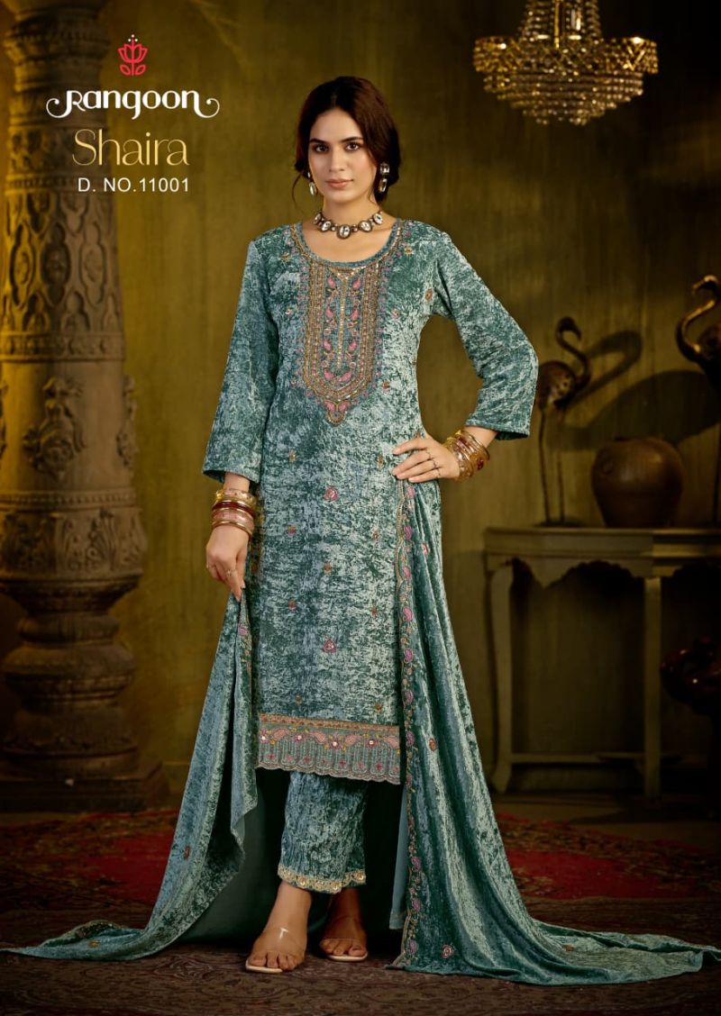 Rangoon Shaira Makhmal Velvet Beads Work Designer Salwar Kameez — Wholesale Kurti With Bottom Dupatta, Vardan Ethnic wholesale from Surat — view 4