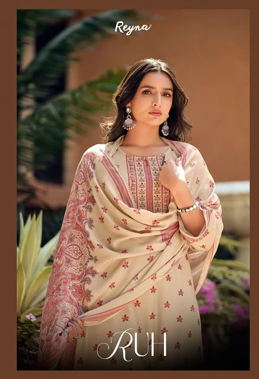 REYNA RUH Pure Twill Pashmina Digital Print Embroidered Suit Set