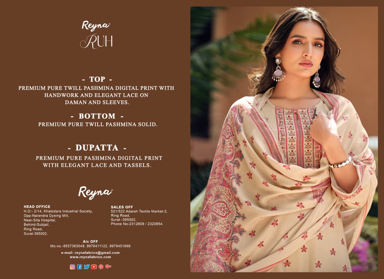 REYNA RUH Pure Twill Pashmina Digital Print Embroidered Suit Set — Wholesale Salwar Suits, Reyna wholesale from Surat — Photo 5