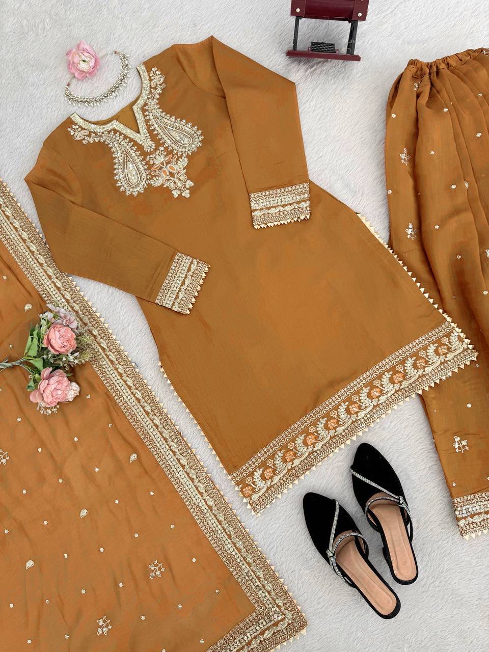 RTC 6009 Mul Chanderi Thread & Sequin Work Palazzo Suit Set with Dupatta — Wholesale Salwar Suits, Vardan Ethnic wholesale from Surat — Photo 3
