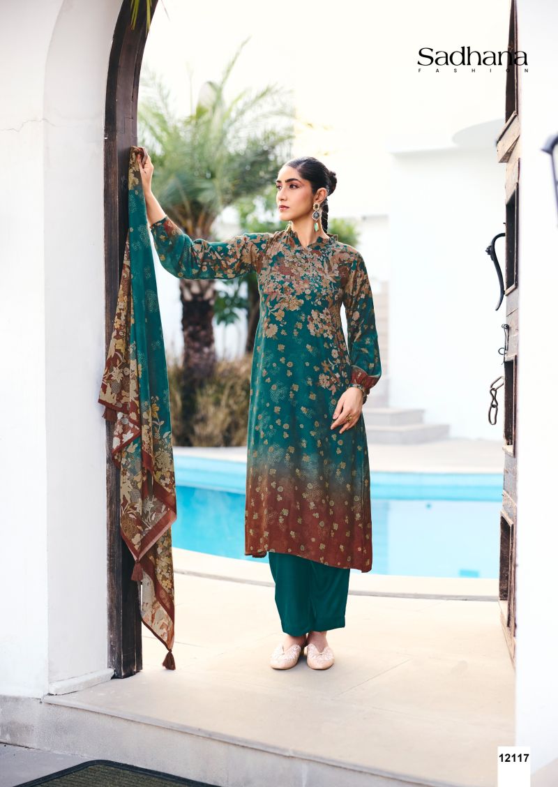 Sadhana Ether Vol 2 Viscose Pashmina Digital Print Khatli Work Salwar Suit with Bottom &amp; Woollen Shawl Dupatta — Wholesale Salwar Suits, Sadhana Fashion wholesale from Surat — view 3