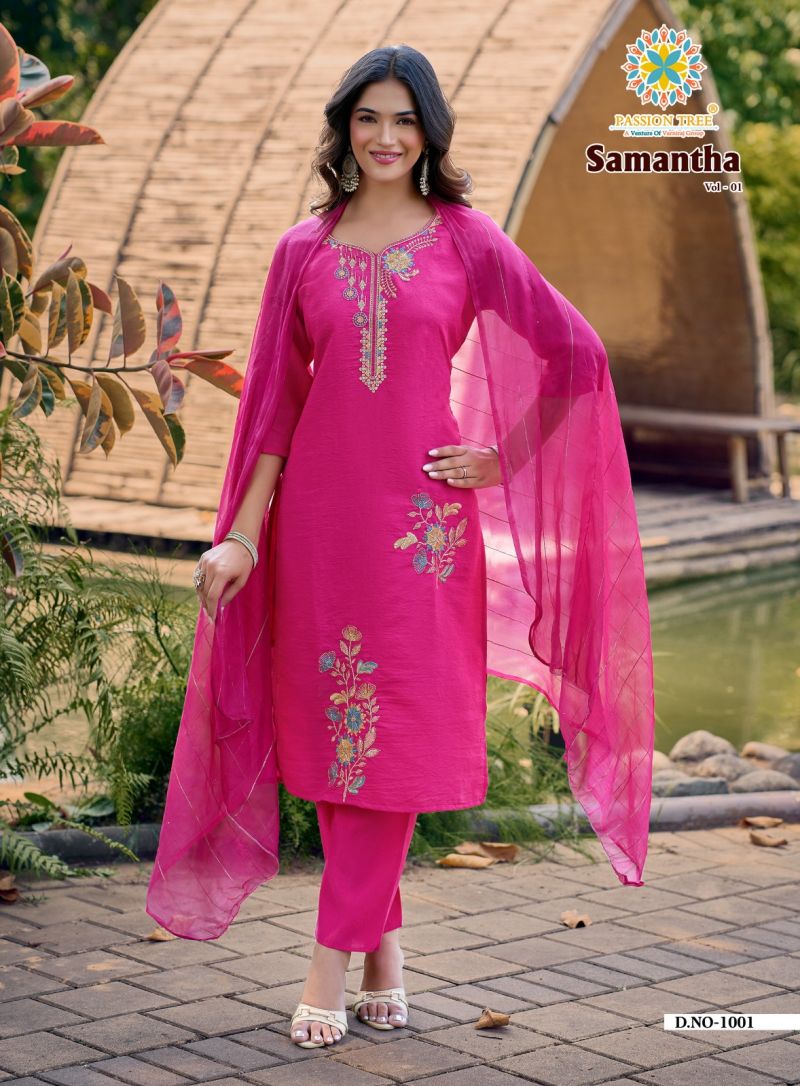 Samantha Vol 1 By Passion Tree Roman Crush Embroidered Kurti With Bottom Dupatta Set — Wholesale Readymade Suit, Vardan Ethnic wholesale from Surat — view 3