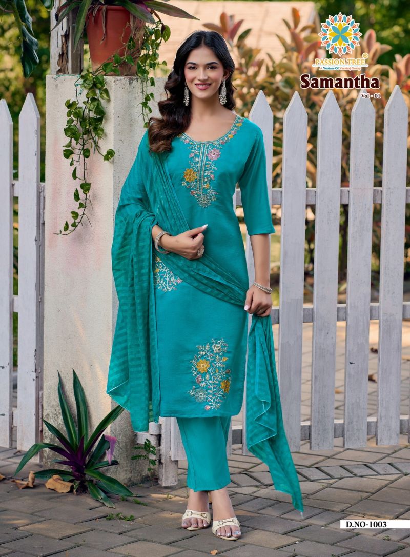 Samantha Vol 1 By Passion Tree Roman Crush Embroidered Kurti With Bottom Dupatta Set — Wholesale Readymade Suit, Vardan Ethnic wholesale from Surat — view 4