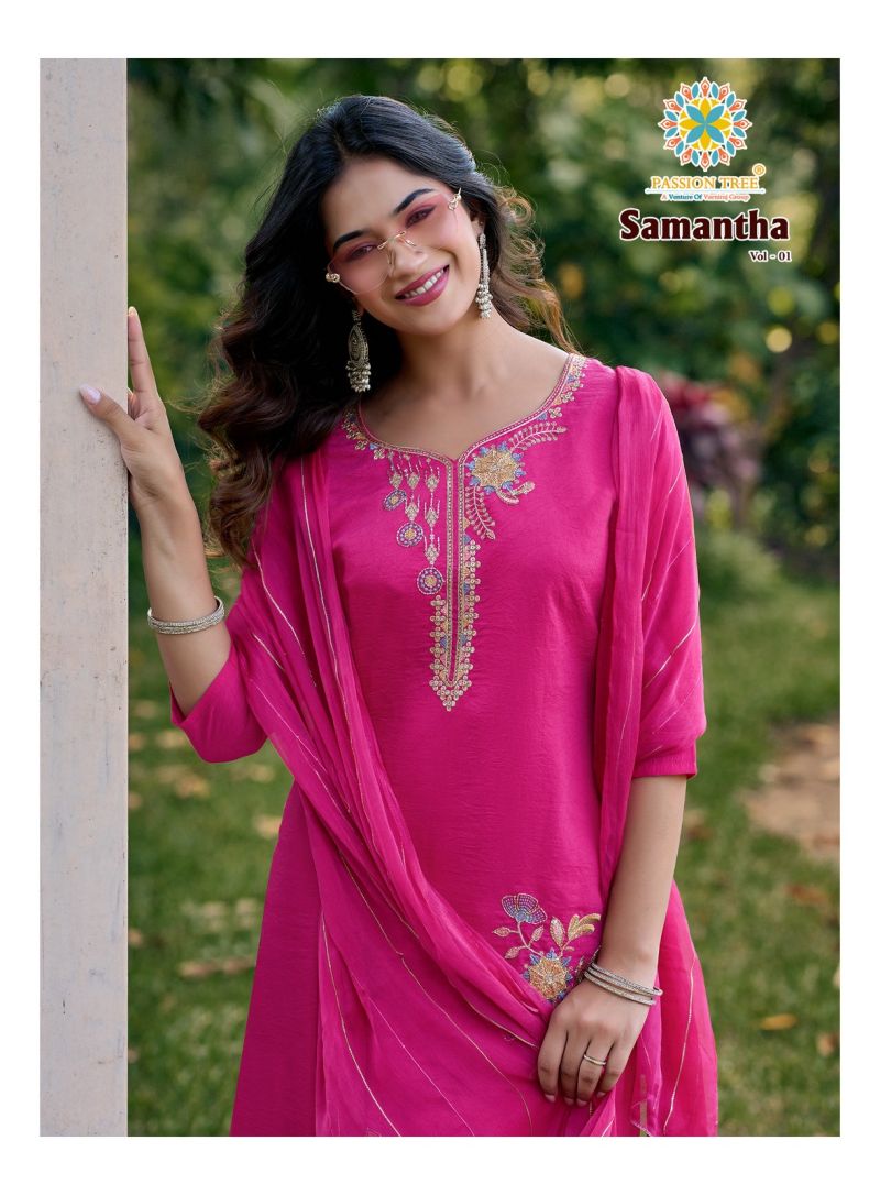Samantha Vol 1 By Passion Tree Roman Crush Embroidered Kurti With Bottom Dupatta Set — Wholesale Readymade Suit, Vardan Ethnic wholesale from Surat — view 7