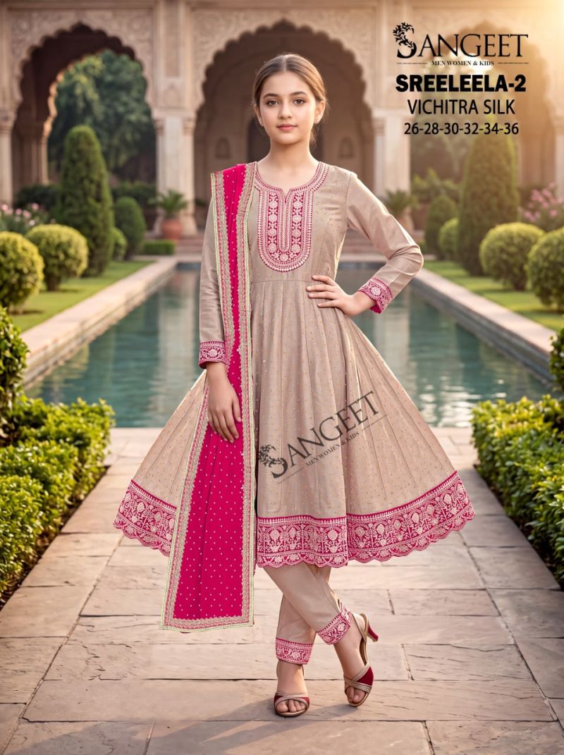 Sangeet Sreeleela Vol 2 Kids Vichitra Silk Embroidered Kurti With Bottom Dupatta Set — Designer Readymade Suits, Vardan Ethnic wholesale from Surat — Photo 2