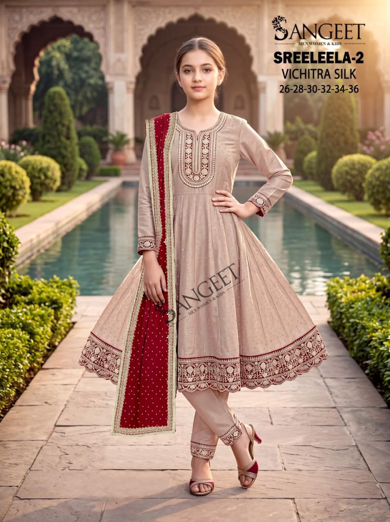 Sangeet Sreeleela Vol 2 Kids Vichitra Silk Embroidered Kurti With Bottom Dupatta Set — Designer Readymade Suits, Vardan Ethnic wholesale from Surat — Photo 3