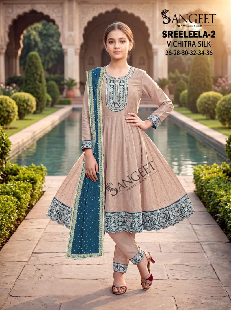 Sangeet Sreeleela Vol 2 Kids Vichitra Silk Embroidered Kurti With Bottom Dupatta Set — Designer Readymade Suits, Vardan Ethnic wholesale from Surat — Photo 4