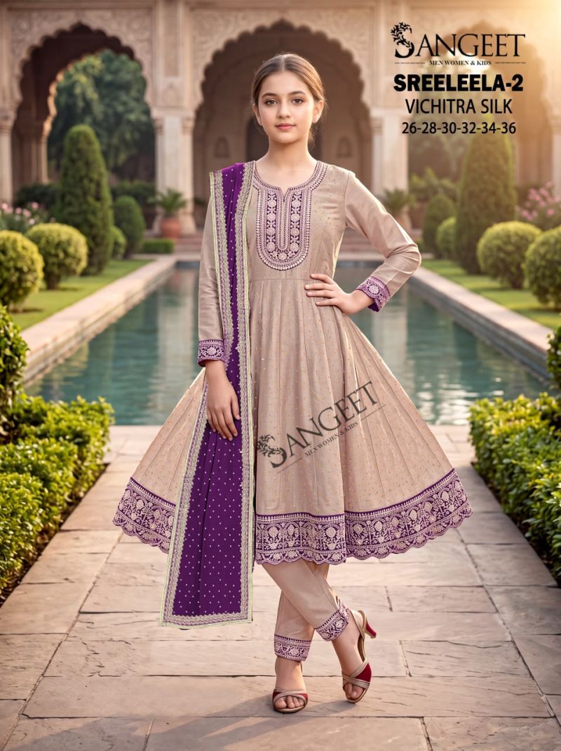 Sangeet Sreeleela Vol 2 Kids Vichitra Silk Embroidered Kurti With Bottom Dupatta Set — Designer Readymade Suits, Vardan Ethnic wholesale from Surat — Photo 5