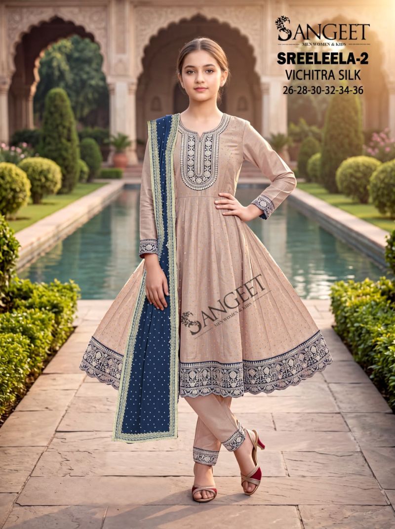 Sangeet Sreeleela Vol 2 Kids Vichitra Silk Embroidered Kurti With Bottom Dupatta Set — Designer Readymade Suits, Vardan Ethnic wholesale from Surat — Photo 6