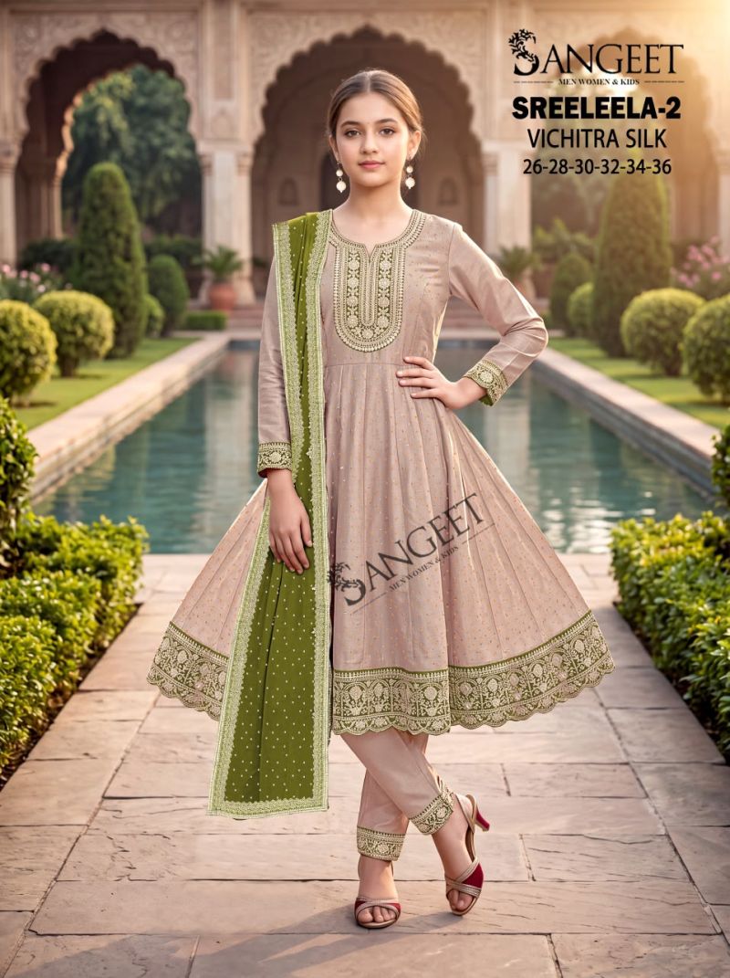 Sangeet Sreeleela Vol 2 Kids Vichitra Silk Embroidered Kurti With Bottom Dupatta Set