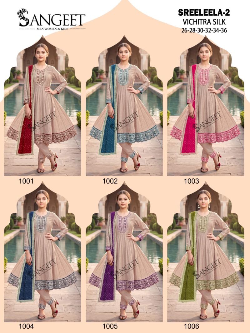 Sangeet Sreeleela Vol 2 Kids Vichitra Silk Embroidered Kurti With Bottom Dupatta Set — Designer Readymade Suits, Vardan Ethnic wholesale from Surat — Photo 8