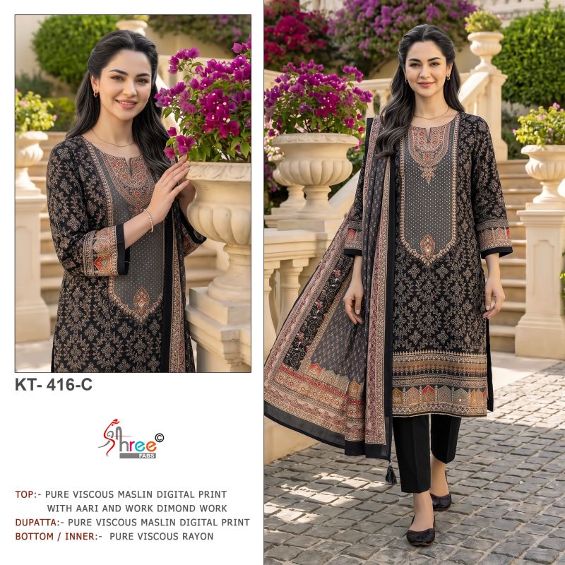 Shree Kt 416 A To E Viscose Maslin Digital Print Handwork Salwar Kameez — Wholesale Pakistani Suits, Vardan Ethnic wholesale from Surat — view 3